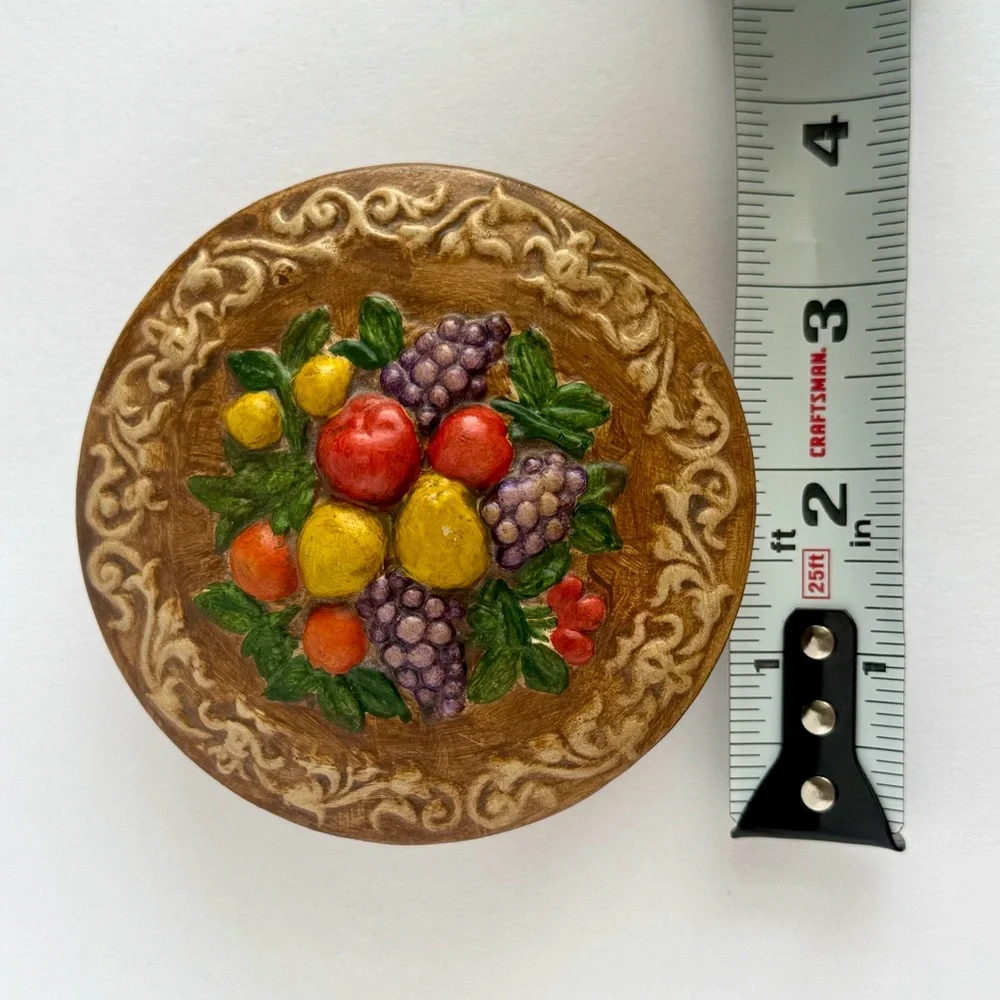 Vintage Sculpted & Hand Painted Ceramic Trinket Box Signed 1983 Fruit Design